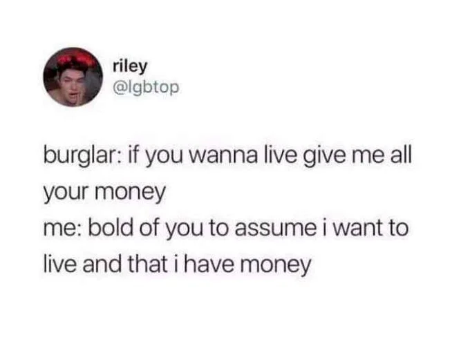 Tweet reading 'bold of you to assume i want to live and that i have money'