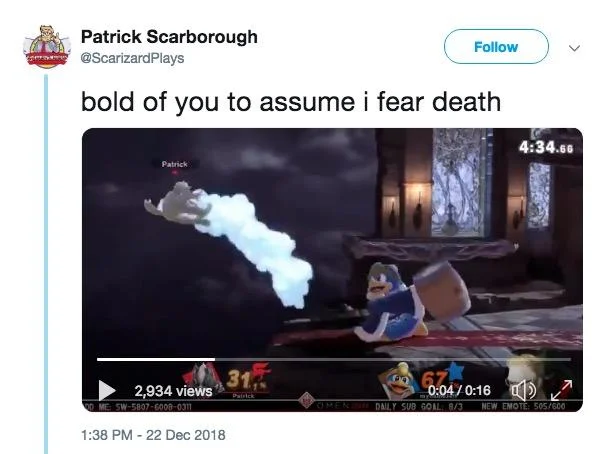 Tweet 'bold of you to assume i fear death' with Smash Bros clip