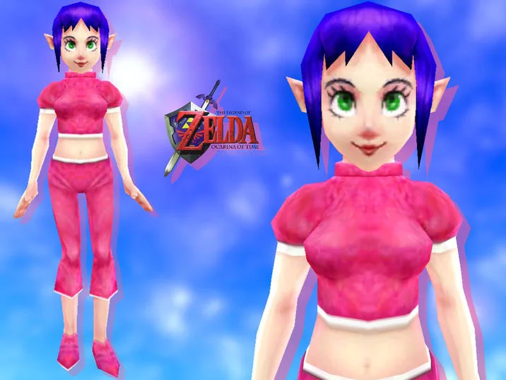 Bombchu Girl — Full-body and portrait renders of the Bombchu Bowling Alley Lady character model alongside the Ocarina of Time logo.