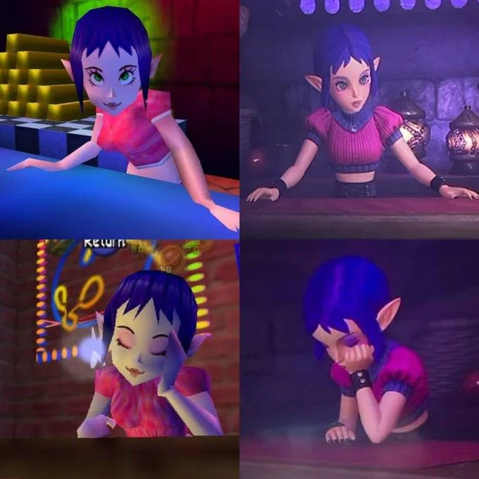 Bombchu Girl — Four-panel collage of in-game Zelda screenshots featuring the Bombchu Bowling Alley Lady in various poses and expressions.