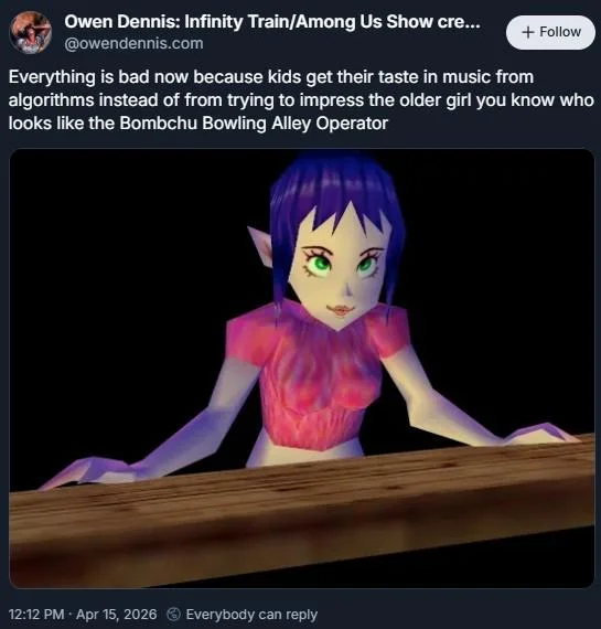 Bombchu Girl — Social media post by Owen Dennis referencing the Bombchu Bowling Alley Operator, with an attached image of the character.