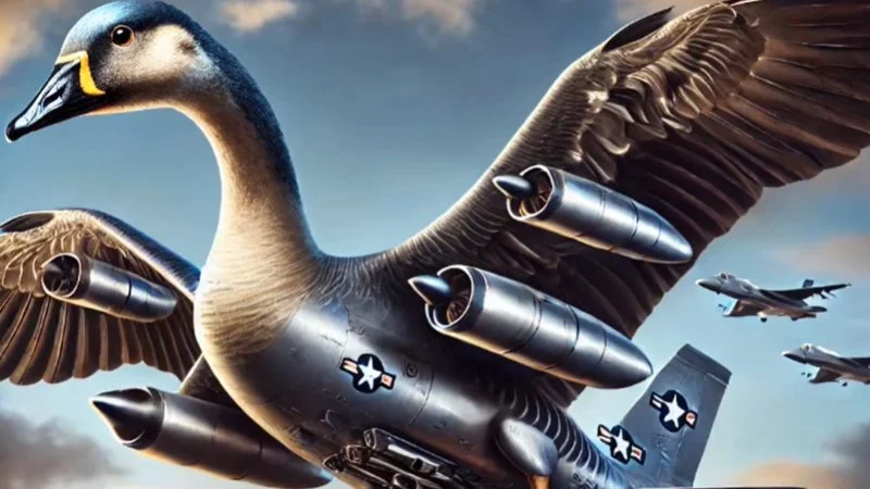 Bombombini Gusini — AI-generated Italian brainrot meme character combining goose features with military aircraft design for explosive effect.