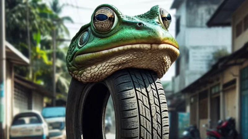 Boneca Ambalabu — An AI-generated brainrot character featuring a frog head with exaggerated features merged with a tire body, set against an urban street