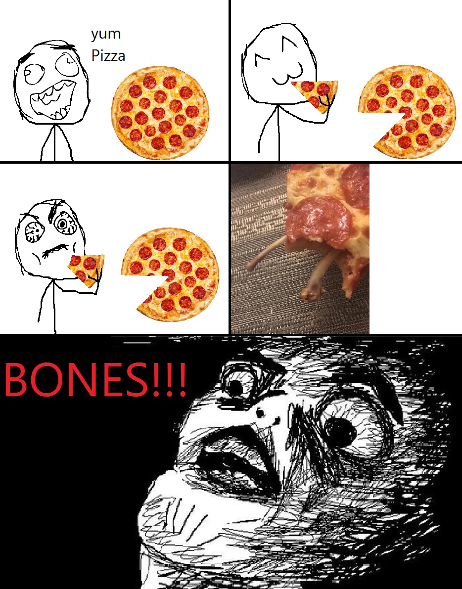 Boneless Pizza — A multi-panel meme showing progression from happy pizza consumption through bone discovery to distressed spooky meme face reaction.
