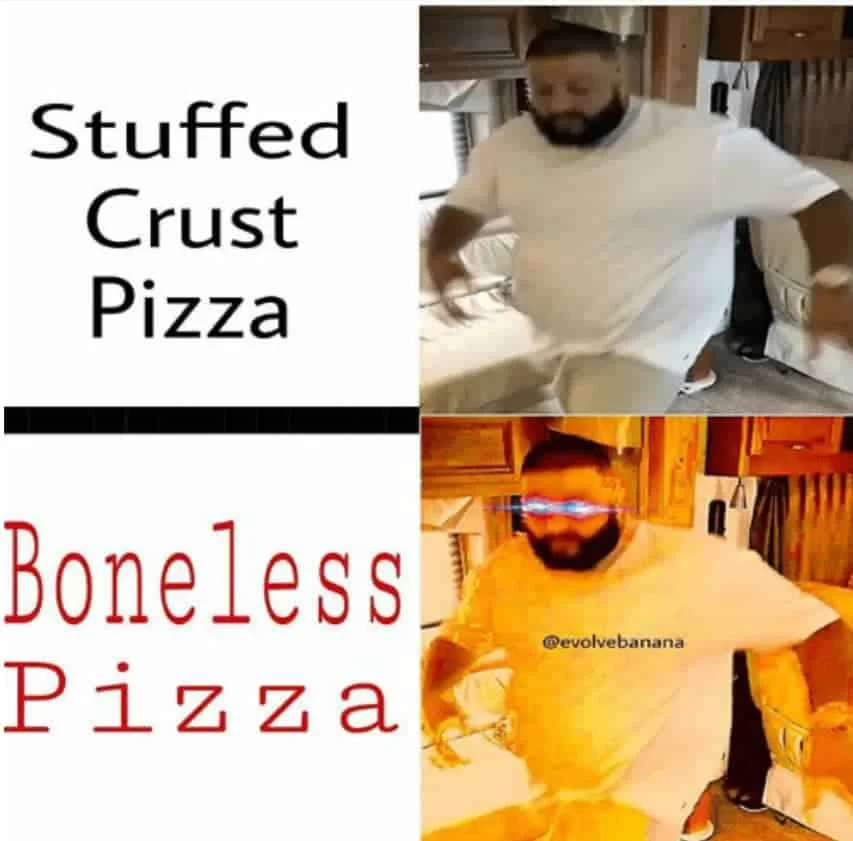 A 2x2 grid comparison meme labeled 'Stuffed Crust Pizza' vs 'Boneless Pizza' with reaction images of a man showing different expressions.