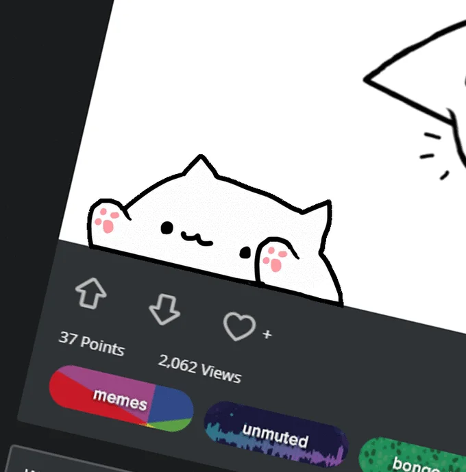 Bongo Cat Hitting The Like And Retweet Buttons — Bongo Cat animation tapping like and upvote buttons on a dark video-app interface.