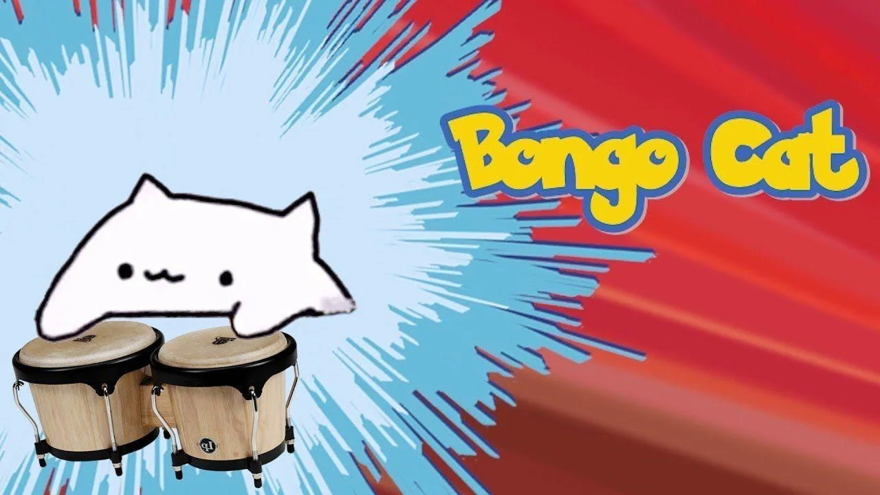 The Bongo Cat character labeled with bright yellow 'Bongo Cat' text, playing bongos against a dynamic red and blue background with motion lines.