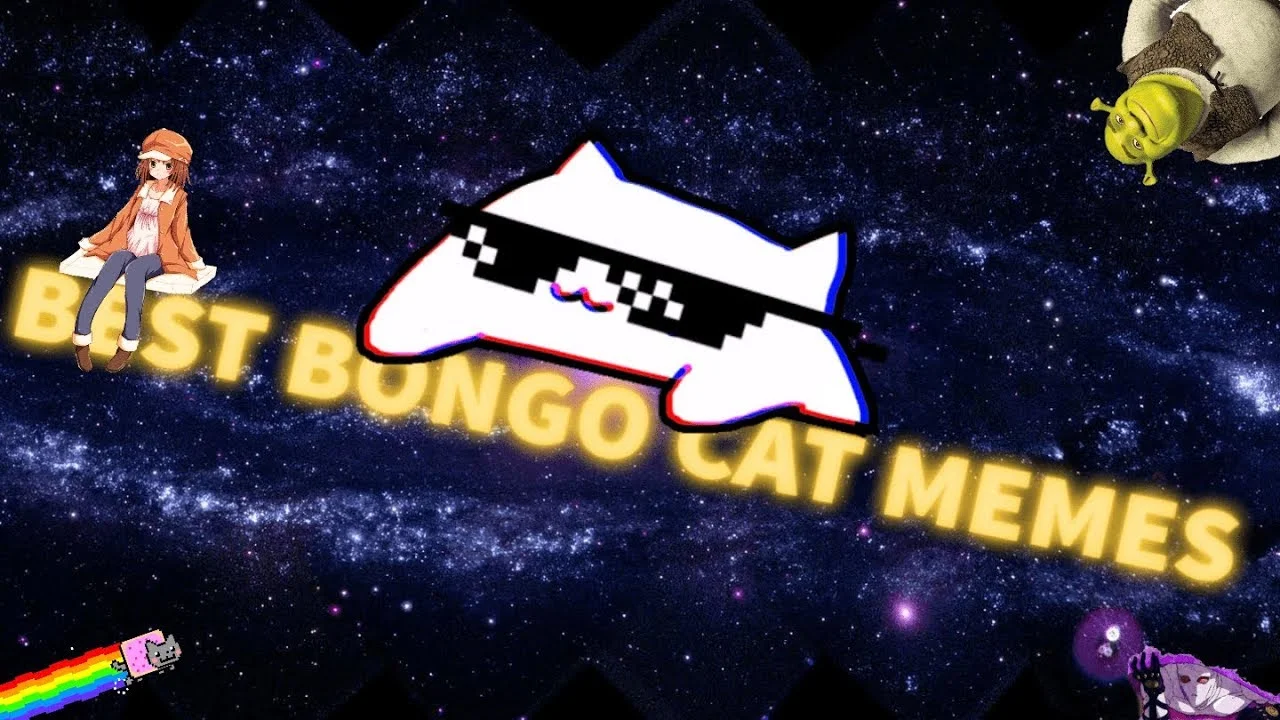 Bongo Cat character positioned against a cosmic space background with colorful gaming and anime elements, featuring 'JUST BONGO CAT MEMES' in yellow text.