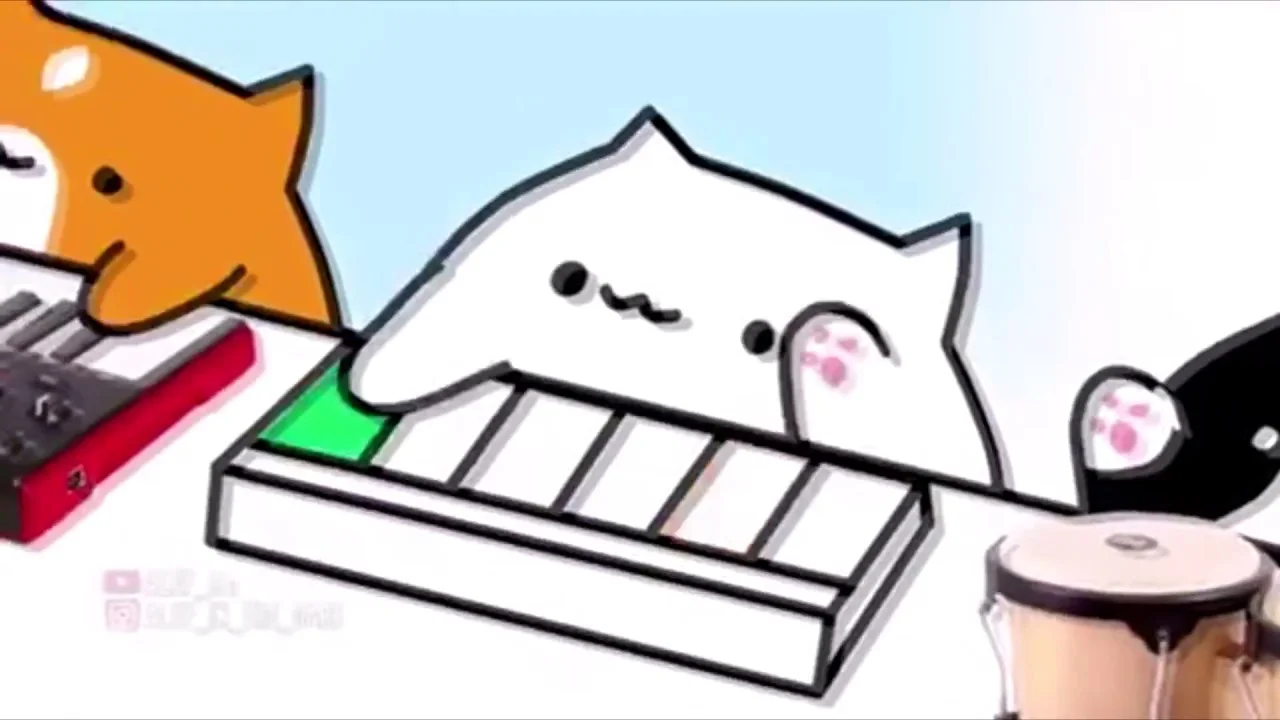 A minimalist illustration of the Bongo Cat character with closed eyes playing a colorful keyboard synthesizer with orange and green instrument pieces.
