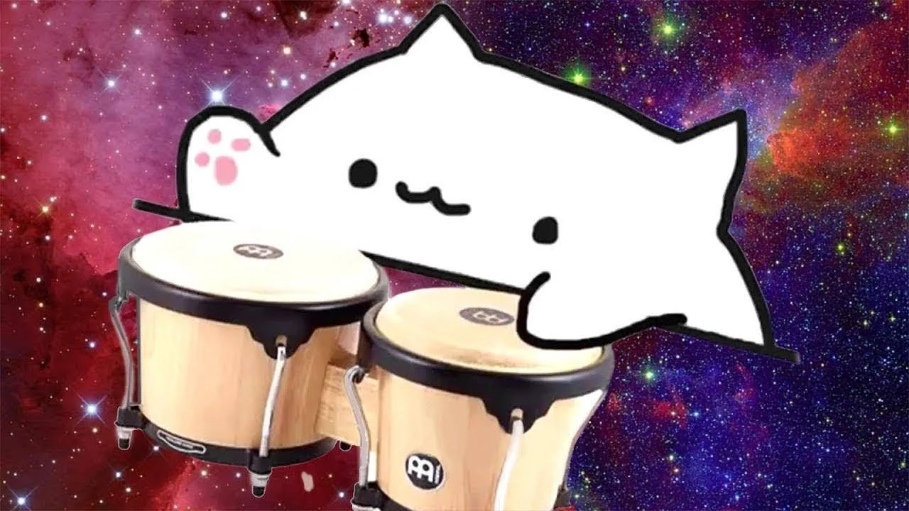 The white Bongo Cat character playing wooden bongo drums against a dynamic cosmic background with purple, red, and pink nebula effects.