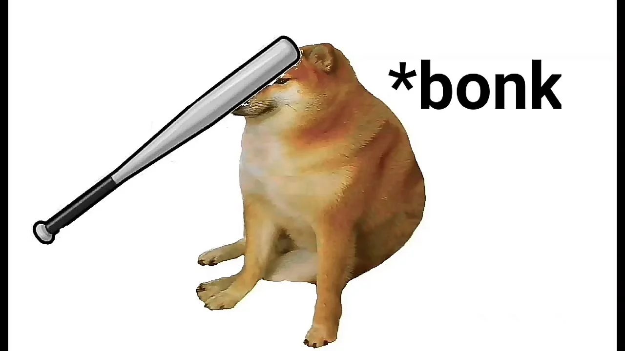 Minimalist Bonk meme featuring Cheems being hit with baseball bat in clean uncluttered layout with '*bonk' text label.