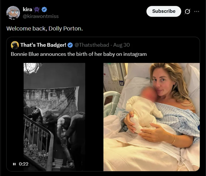 Bonnie Blue's Baby — Tweet 'Welcome back, Dolly Porton.' quoting Bonnie Blue baby birth announcement