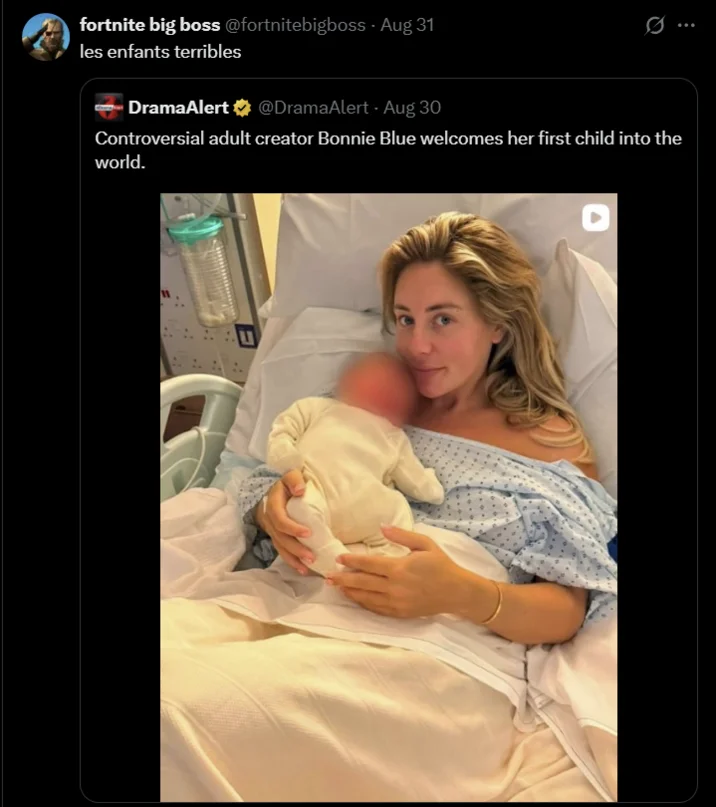 Bonnie Blue's Baby — Tweet 'les enfants terribles' quoting Bonnie Blue baby announcement