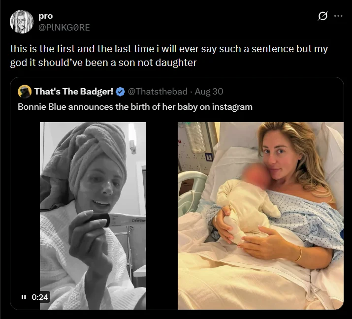 Tweet reacting 'should've been a son not daughter' to Bonnie Blue's baby announcement