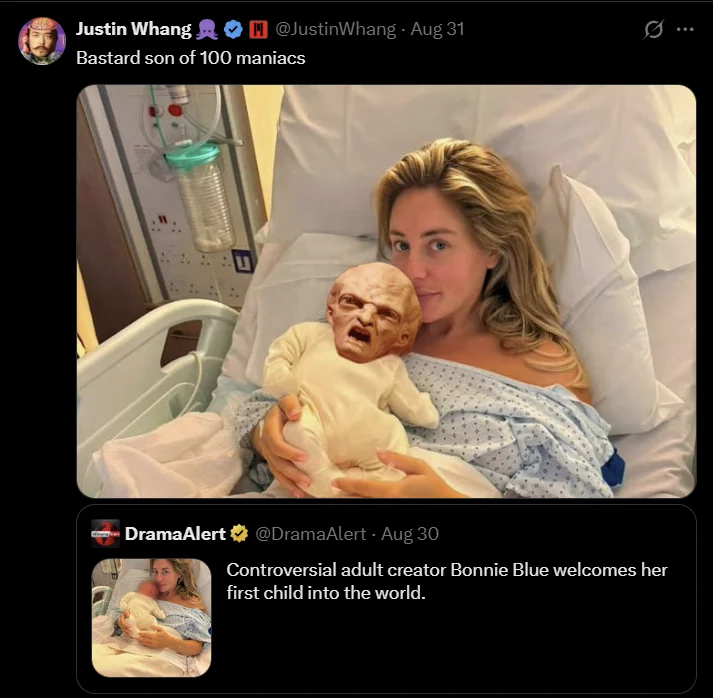 Bonnie Blue's Baby — Photoshopped Bonnie Blue hospital photo with Voldemort baby captioned 'Bastard son of 100 maniacs'