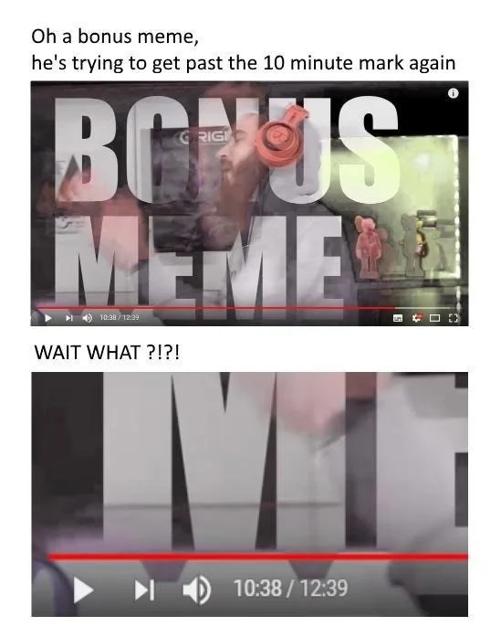 Meme showing PewDiePie's Bonus Meme title card with WAIT WHAT reaction and 10:38 timestamp