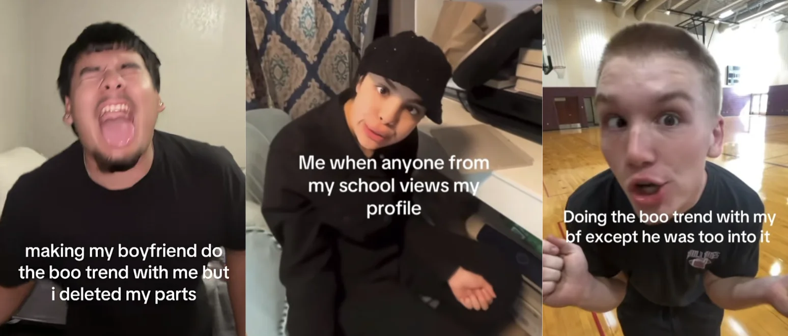 Three-panel TikTok collage showing people making exaggerated expressions with captions about the boo trend