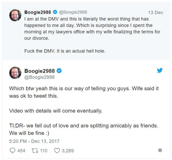 Screenshot of Boogie2988 tweets announcing his divorce in December 2017
