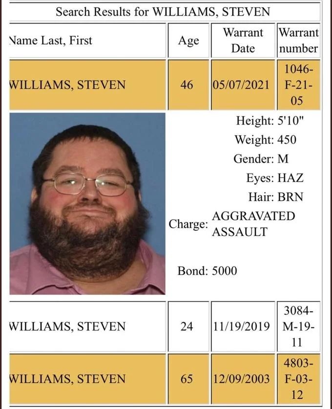 Boogie2988 — Warrant search result showing Steven Williams with aggravated assault charge and photo