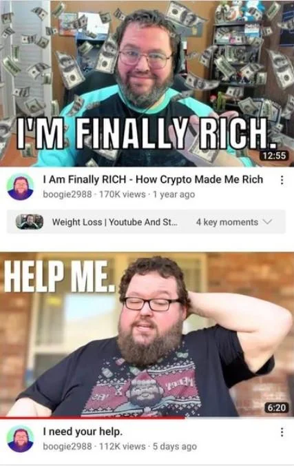 Two contrasting Boogie2988 YouTube thumbnails: I'm Finally Rich and Help Me