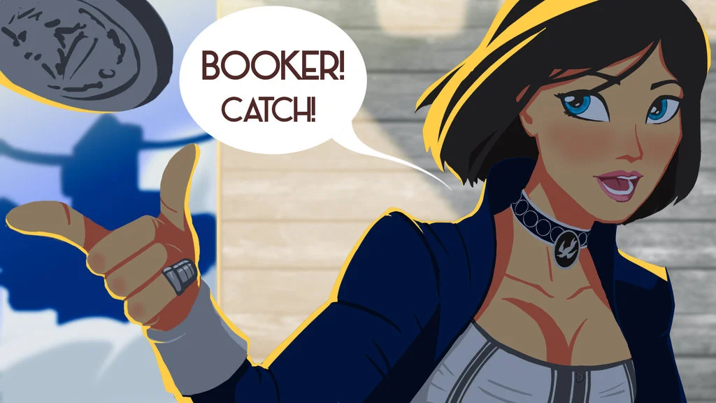Disney-style illustration of Elizabeth tossing a coin and saying 'Booker, catch!'