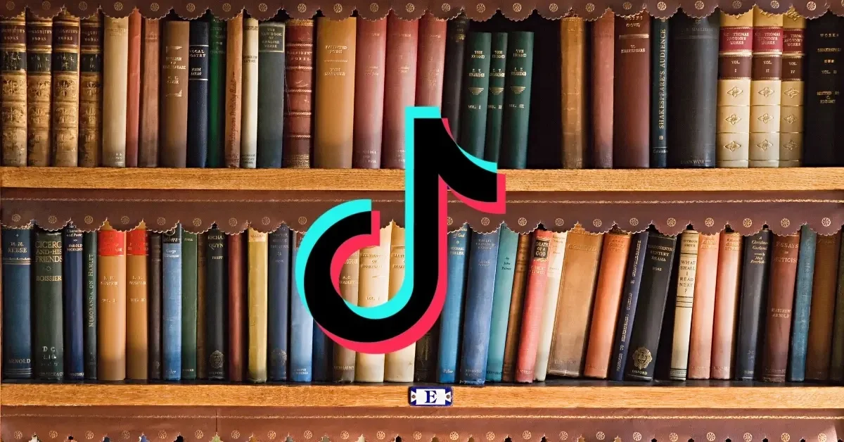 BookTok — Antique bookshelf of classic hardcover books with the TikTok logo overlaid in the center