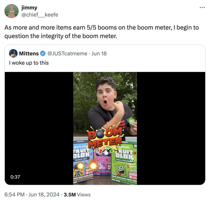 Tweet by @chief__keefe questioning the integrity of the Boom Meter, quoting a Mittens post with a Boom Meter TikTok video.