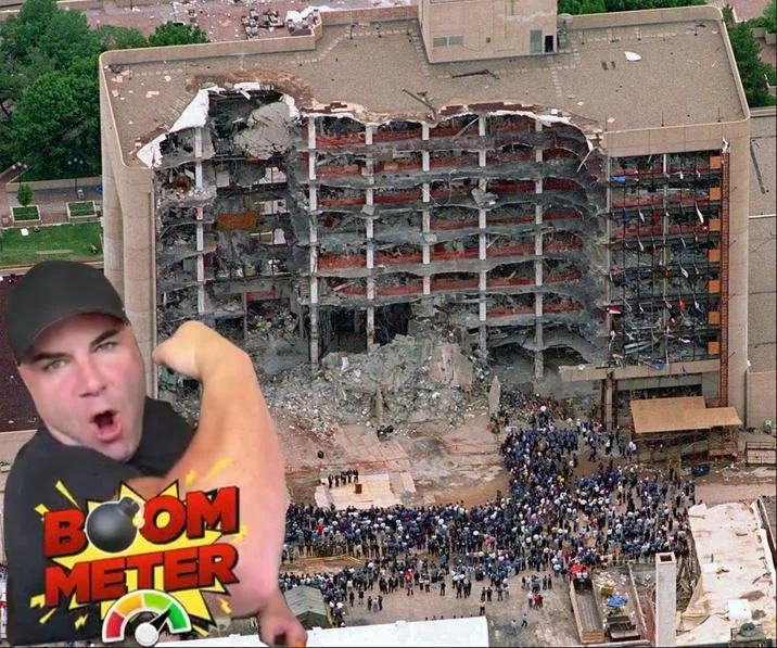 Boom Meter reviewer and logo edited over an image of the bombed Oklahoma City Federal Building.