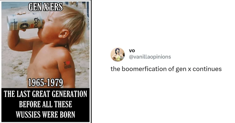 Boomer Confusion — Gen X generational meme showing beach photo with text about being the last great generation, with tweet noting generational misclassification