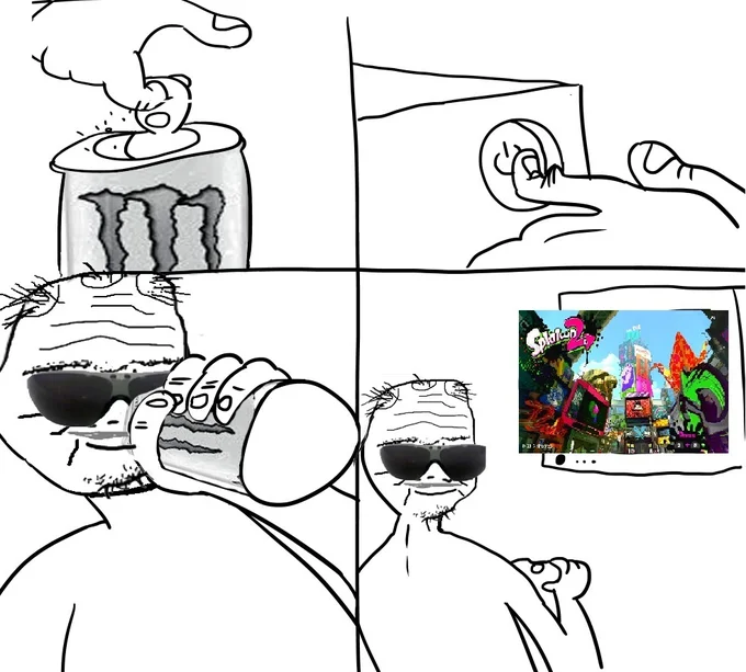 4-panel Wojak comic with Boomer characters drinking Monster and watching TV