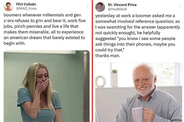 Twitter meme comparing boomer complaints with millennial and Gen Z perspectives