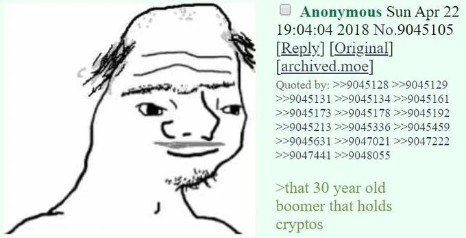 Boomer wojak character meme discussing crypto investments - crude line drawing