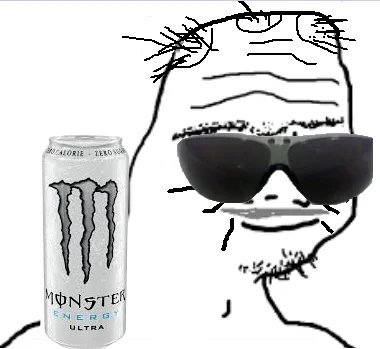 Boomer Wojak character with sunglasses holding Monster Energy drink