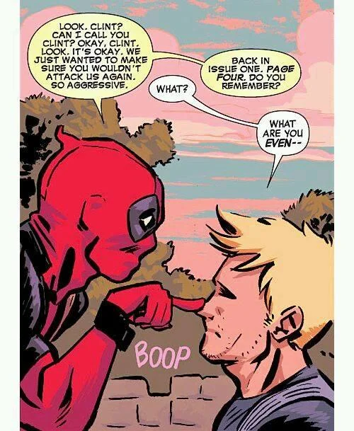 An illustrated comic panel featuring characters in conversation with 'BOOP' text displayed in pink, incorporating fictional characters.