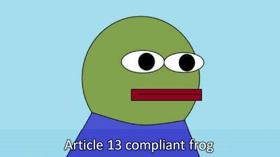 Bootleg Memes — Crude redrawn Pepe the Frog with caption 'Article 13 compliant frog' on light blue background