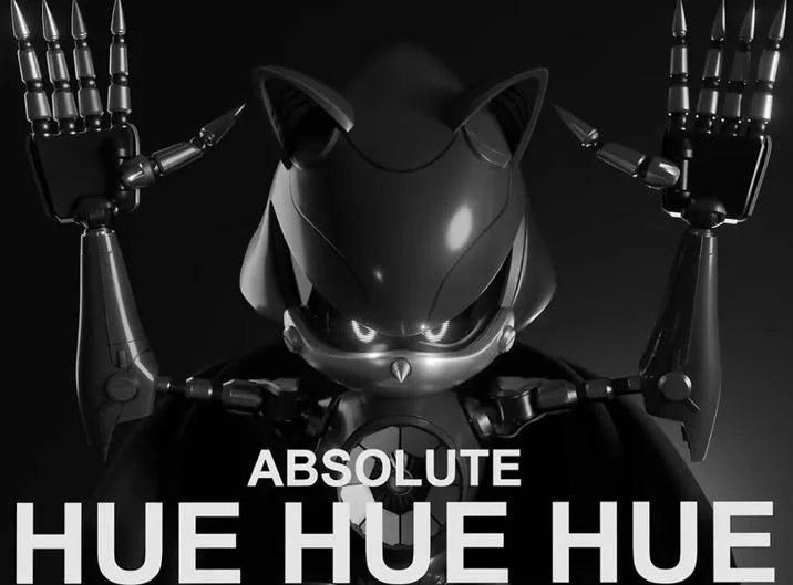 Bootleg Metal Sonic Plush Hue Hue Hue — Dark render of Metal Sonic with claws raised and 'Absolute Hue Hue Hue' caption