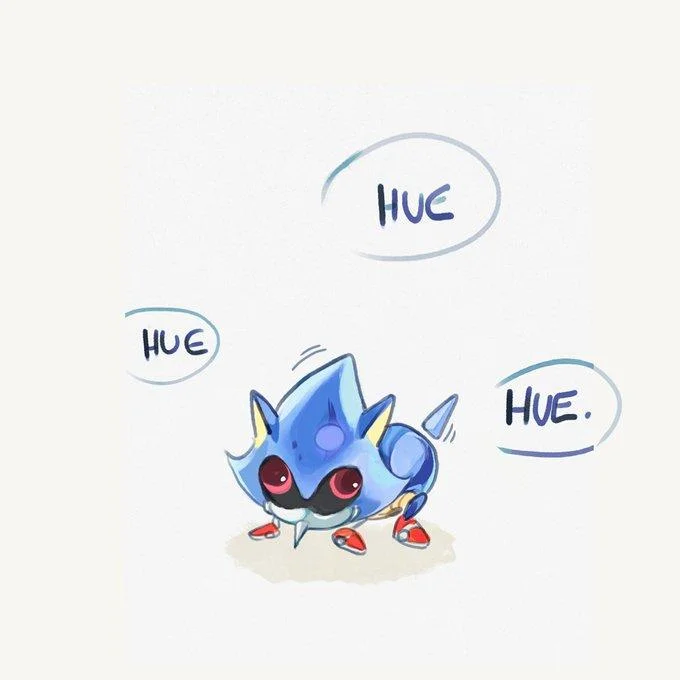 Bootleg Metal Sonic Plush Hue Hue Hue — Chibi bootleg Metal Sonic plush laughing 'Hue Hue Hue' in speech bubbles