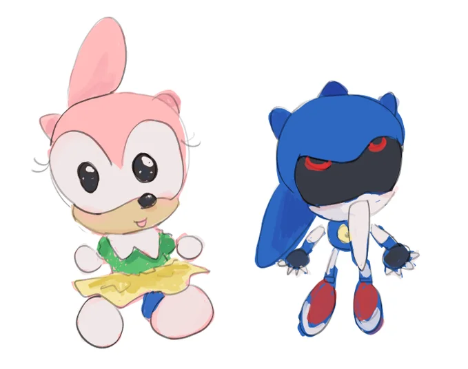 Bootleg Metal Sonic Plush Hue Hue Hue — Chibi fan art of a scared pink rabbit character next to bootleg Metal Sonic