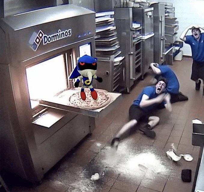 Bootleg Metal Sonic Plush Hue Hue Hue — Bootleg Metal Sonic plush edited onto pizza in Domino's kitchen meme