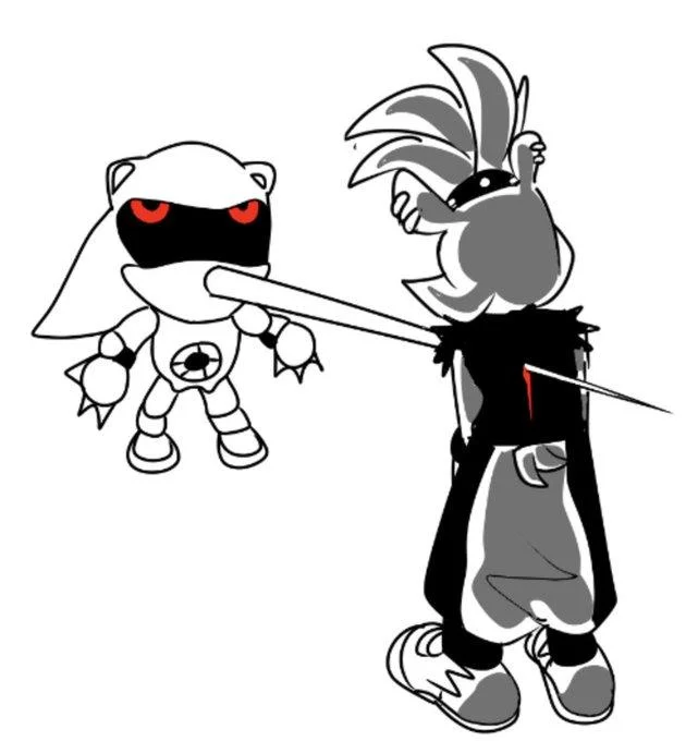 Bootleg Metal Sonic Plush Hue Hue Hue — Bootleg Metal Sonic plush impaling Shadow with its snout in fan art