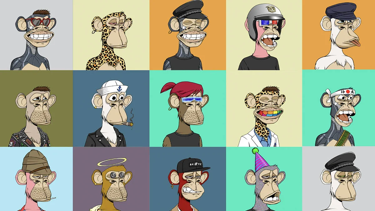 A 5x3 grid showcasing 15 Bored Ape Yacht Club NFT characters with diverse fur colors, clothing items, accessories, and facial expressions.