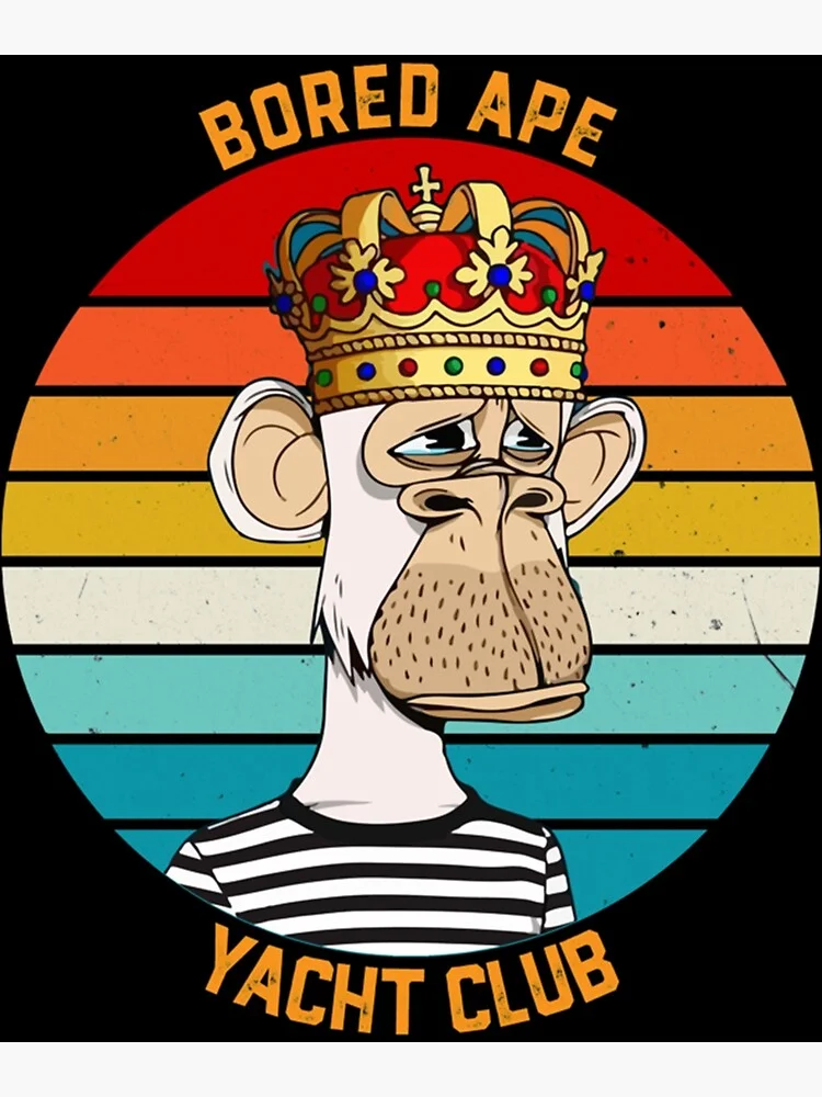 The official Bored Ape Yacht Club logo featuring a cartoon ape with a distinctive gold crown and serrated teeth, centered on a striped background in BAYC's