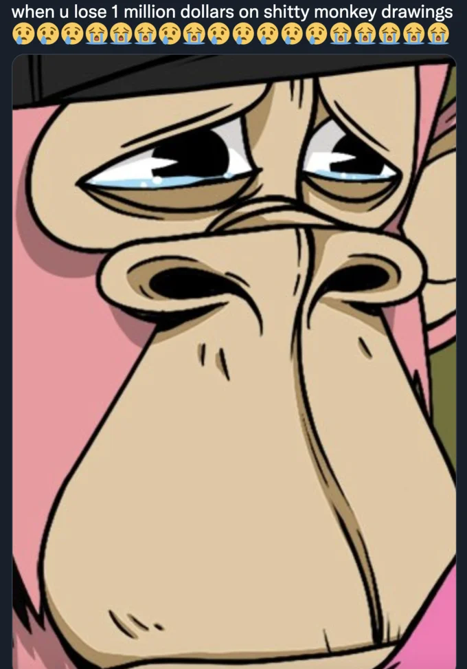 Bored Ape Yacht Club — A cartoon ape face with sad and bored expression against pink background with text overlay 'when u lose 1 million dollars on shitty