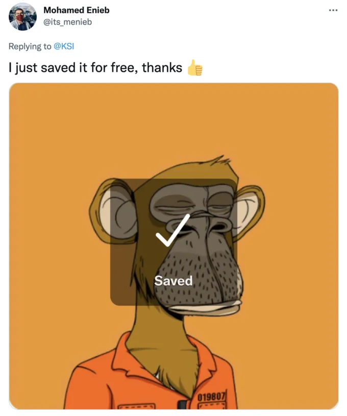 Bored Ape Yacht Club — A Twitter reply screenshot showing a BAYC ape with 'Saved' checkmark overlay and comment 'I just saved it for free, thanks 👍.'