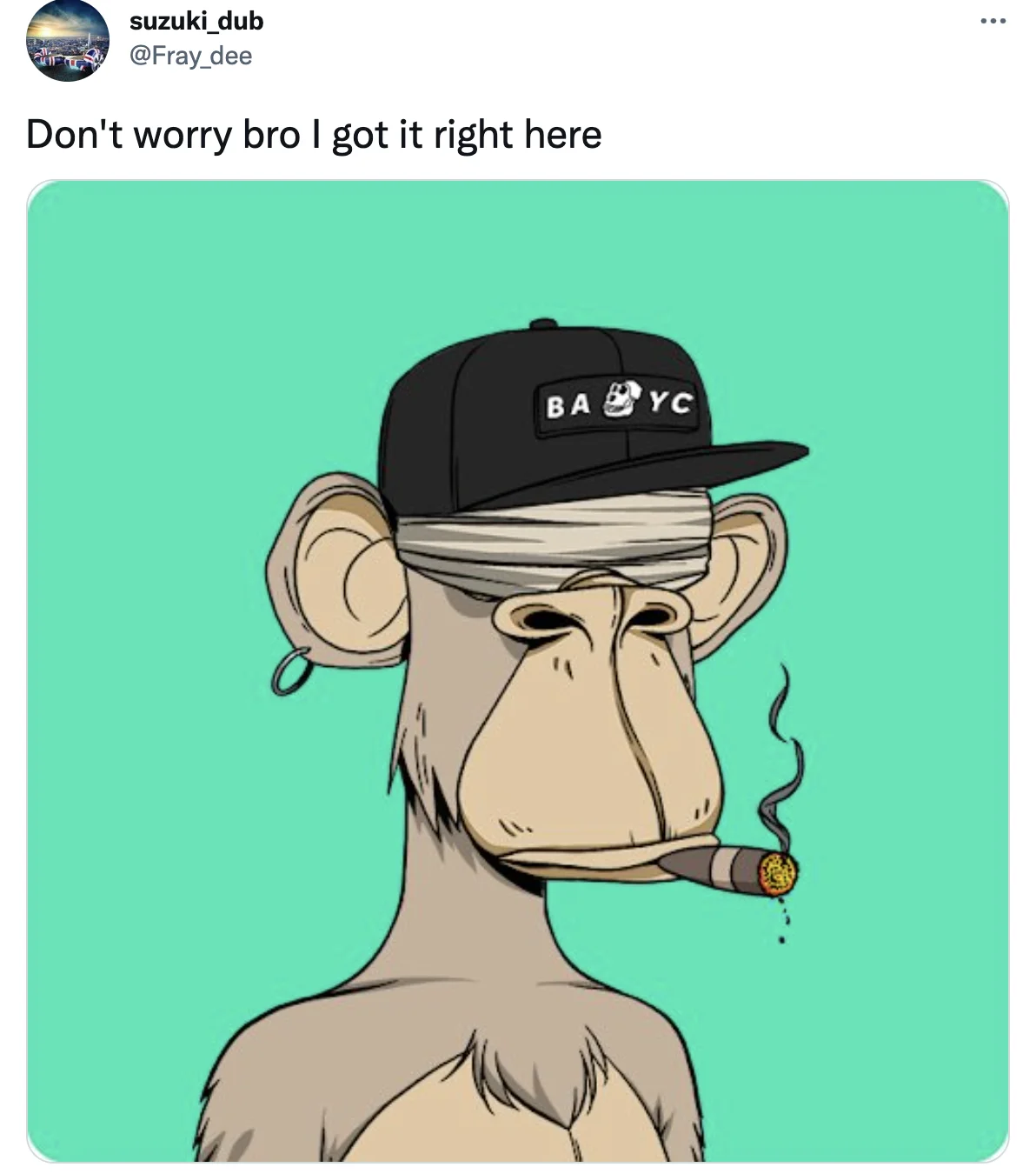 Bored Ape Yacht Club — A Twitter screenshot showing a BAYC ape character wearing a black cap with 'BA💎YC' branding, smoking a cigar with confident expression