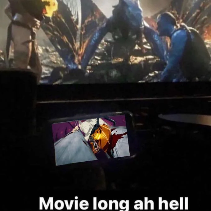 Boring Ahh Family Guy Episode — Avatar cinema screen with a phone playing a Chainsaw Man anime scene, captioned 'Movie long ah hell'