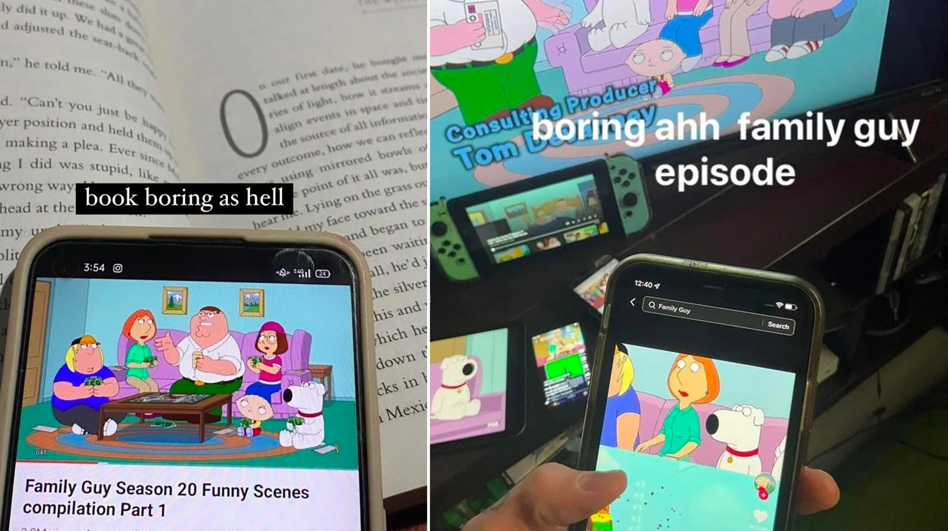 Two-panel meme collage of phones playing Family Guy clips over a book and a TV, with 'boring ahh family guy episode' text
