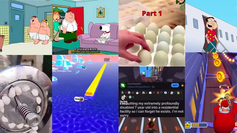 Boring Ahh Family Guy Episode — Grid of TikTok-style panels combining Family Guy clips, mobile game footage, and other short-form content