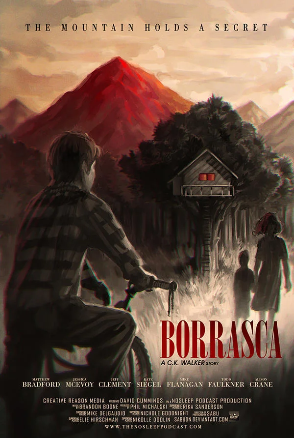Borrasca poster with boy on bike looking at treehouse and red mountain under the tagline The Mountain Holds a Secret