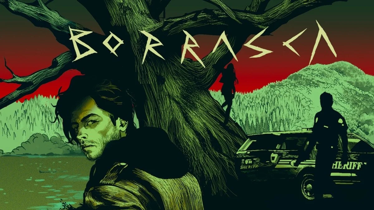 Borrasca promotional art with young man, gnarled tree, and sheriff by patrol car in red and green tones